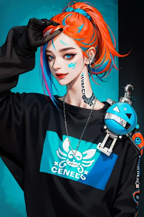 kpop girl with rizz smile face, bad ass, black, neon cyan orange hair, tattoos on hands and neck, piercing, black mixed blue striped sweater, cool badass pose, smoke background, colorful smoke background