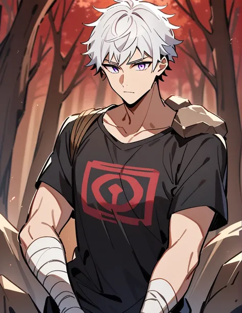 Greek boy with white hair, violet eyes, wearing a black Greek shirt, with his arms covered in bandages, a large rock on his shoulder, with a red forest of dry trees in the background