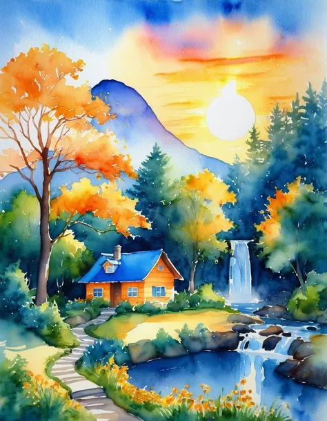 Beautiful scenery during sunrise There was a small house with a blue roof in the foreground. Surrounded by trees and greenery. In the background there is a waterfall flowing in streams. The sky is bright blue They appear orange and yellow near the sun and ...