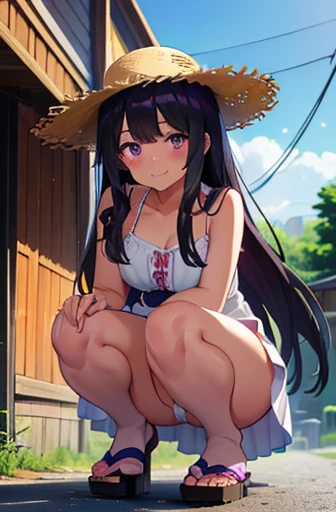 8-year-old elementary school girl　Black Hair　Long Hair　Straw hat　Purple eyes　smile　1 person　White Summer Dress　White panties　Wearing Sandals　Her clothes are see-through、Panties are also visible　Country Road　squat　Dynamic Angle　Low Angle、Large Breasts