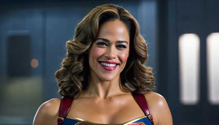 powerful, kind, attractive, smiling and confident; Paula Patton Supergirl 1984s movie costume;  HD. Photograph, ((realism)), extremely high quality RAW photograph, ultra detailed photograph, sharp focus, high resolution, (detailed skin:1,3),high quality, f...