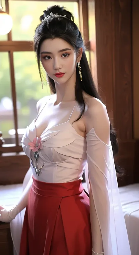 ((Bare shoulders)), ((Full breasts)), ((The skirt is short)), ((Sexy legs)), ((knee shot)), ((Standing, Elegant posture)), 1girl,独奏, 1girl, Cute Girl, Beauty, Practical, Fashion Girl, Red lips, Mature women, Exquisite makeup, big eyes, beautiful, (best qua...