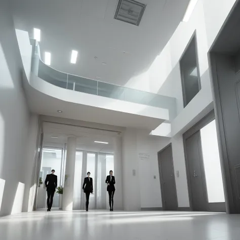 Futuristic white office lobby, front, lobby, sf