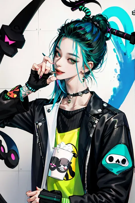 kpop girl with rizz smile face, bad ass, black, neon cyan green hair, tattoos on hands and neck, piercing, black mixed yellow striped sweater, cool badass pose, smoke background, colorful smoke background