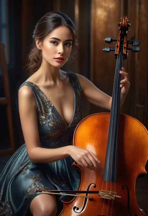 a beautiful woman playing cello, full body portrait, delicate facial features, mesmerizing eyes, gorgeous lips, long eyelashes, elegant posture, graceful hands, detailed texture of cello, reflective wooden surface, warm studio lighting, cinematic compositi...