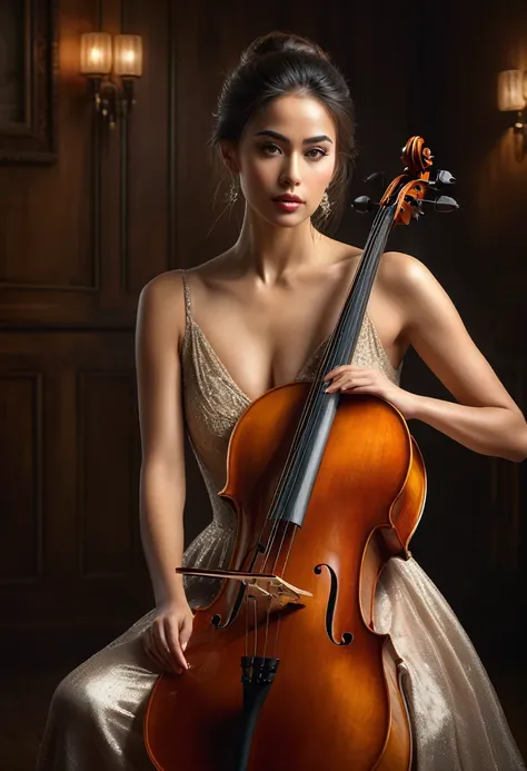 a beautiful woman playing cello, full body portrait, delicate facial features, mesmerizing eyes, gorgeous lips, long eyelashes, elegant posture, graceful hands, detailed texture of cello, reflective wooden surface, warm studio lighting, cinematic compositi...