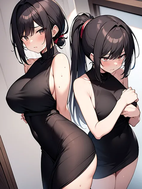  Anime drawing with vivid colors Tall woman:1.9 Scream:1.9 Male, legs spread wide, black sleeveless thin dress, sweat, breasts, buttocks, troubled face, glaring, wrinkled brows, flushed cheeks, night:1.3 Apartment bedroom, white sheets, short black hair, p...