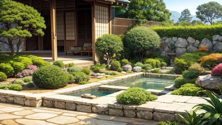 Dry Landscape　Japanese Garden　Potted plants　Lion Drop
