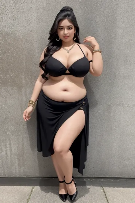 130kg, Extremely obese woman, large belly, protruding belly, abdominal exposure, exposed navel, mini skirt, high heel, earring, necklace, bracelet, Outer eyelid