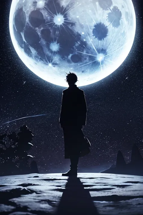 Highest quality,Big moon and shadow,A silhouette of a person can be seen against the backdrop of a large moon.,There is one full moon,There is a mood,Beautiful scenery,Starry Sky