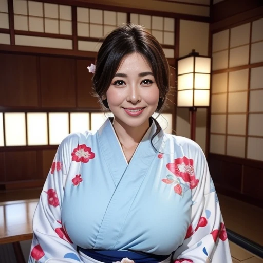 the most beautiful moms in japan(huge)、wear a kimono that is open at the front、traditional japanese room、huge breasts that are t...