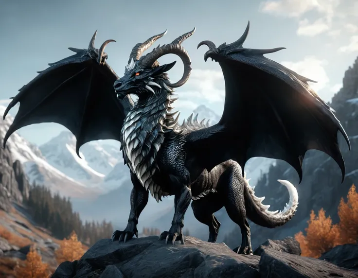 full body portrait of a realistic obsidian dragon, wings, horns, antlers, goat horns, curled horns, wolf shaped head, opalescent scales, white eyes, white fire, mysterious mountain scenery, full body, cinematic, render, 8k, unreal engine, realistic, master...