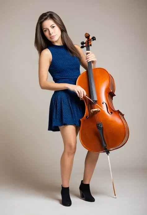 Beautiful woman in a mini skirt playing the cello, Full body portrait