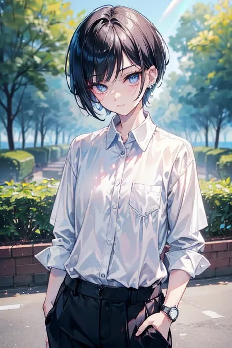 a young skinny tomboyish girl with very short hair, deep ocean eyes, (very short man hairstyle:1.4), pink cheek, (flat chest:1.1), pretty lipstick, glowing eyes, handsome, bright skin tone, (detailed eyes), (best quality,highres,masterpiece:1.2),ultra-deta...