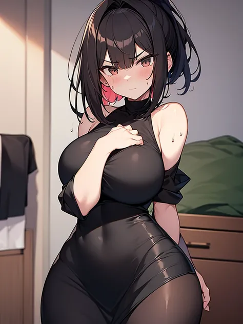  Anime drawing with vivid colors Tall woman:1.9 Scream:1.9 Male, wide legs, black sleeveless thin sexy dress, sweat, , buttocks, troubled face, glaring, wrinkled brows, flushed cheeks, night:1.3 Apartment bedroom, white sheets, short black hair, ponytail:1...