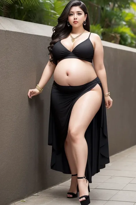 130kg, Extremely obese woman, large belly, protruding belly, big belly, pregnant belly, abdominal exposure, exposed navel, mini skirt, high heel, earring, necklace, bracelet, Outer eyelid