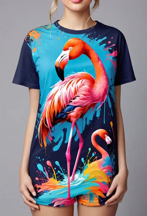 a t-shirt with vector art of a colorful illustration of a flamingo , at the center, swirly vibrant colors, paint splashes and sm...