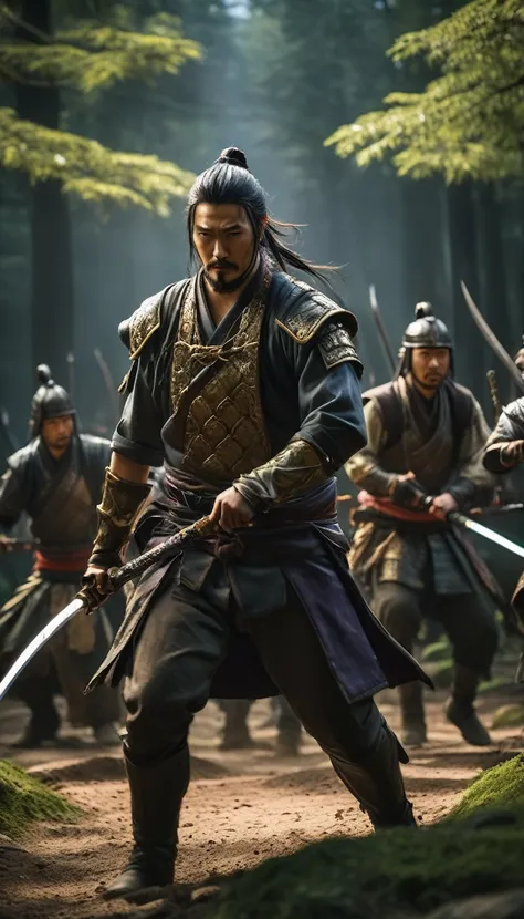 hanzo hatori leading ieyasu and his retinue through a forest, evading pursuers, hyper realistic, ultra detailed hyper realistic,...