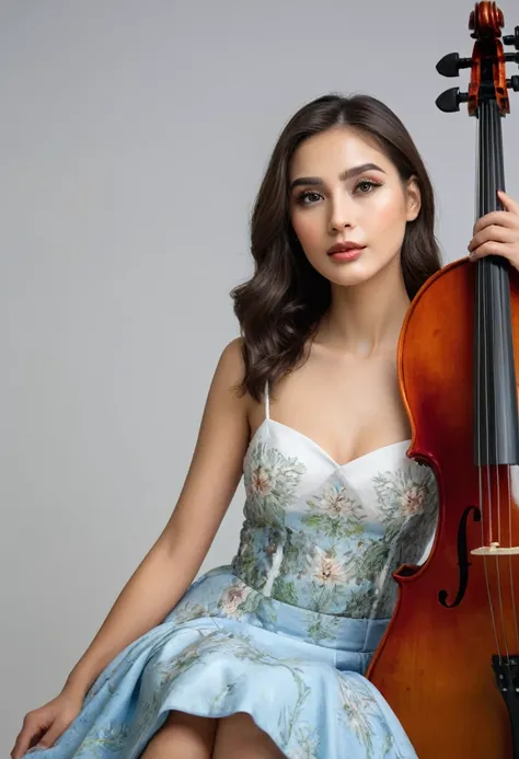 a young woman in a mini skirt playing a cello, detailed portrait, medium shot, beautiful detailed eyes, beautiful detailed lips, extremely detailed face and features, long eyelashes, elegant pose, graceful fingers, fine details on the cello, (best quality,...