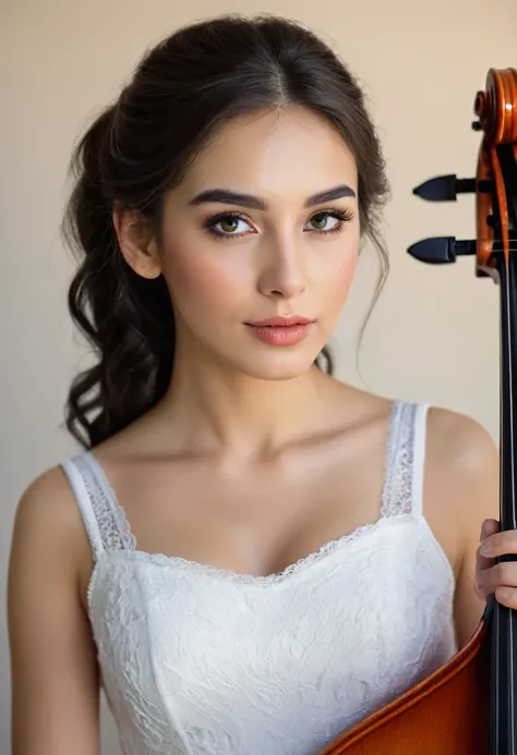 a young woman in a mini skirt playing a cello, detailed portrait, medium shot, beautiful detailed eyes, beautiful detailed lips, extremely detailed face and features, long eyelashes, elegant pose, graceful fingers, fine details on the cello, (best quality,...