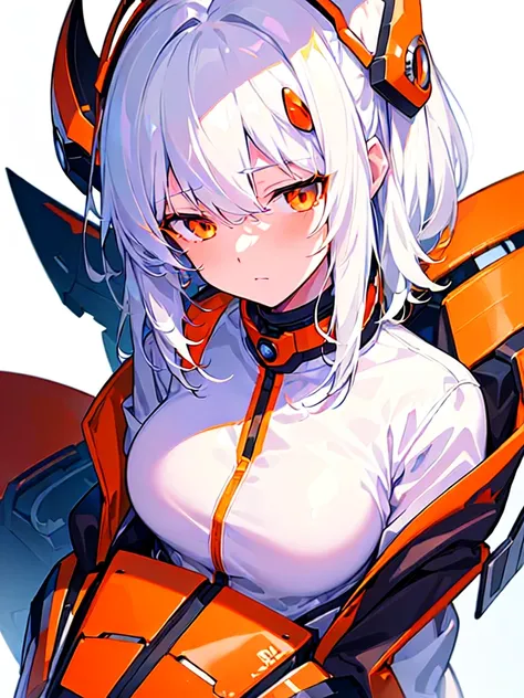 [(WHITE BACKGROUND:1.5),::5], ((((masterpiece)))), high quality, ultra very high resolution, full color, (((solo))), ((Mecha musume)), girl, ((WHITE hair)), orange streaked hair, (orange eyes), anime, ((upper body)), black parka, Black cyborg armor, ((scor...