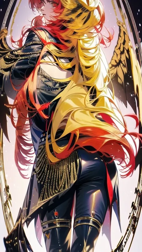 1 anime girl, anime style, (best quality,4k,8k,highres,masterpiece:1.2),ultra-detailed, has a golden long hair with bangs, has a phoenix wings, gold curved horns, has a red eyes, wearing a black suit with black trousers and black short boots, yellow magic ...