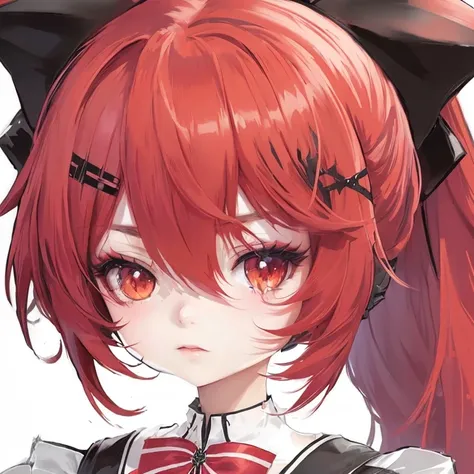 Anime girl with red hair and black cat ears, portrait gapmoe yandere grimdark, Makeup Gremory, Fine details. Girls Frontline, [[[[greturnning evily]]]], expression, Portrait of Lolita, return, gapmoe yandere grimdark, Portrait N-9, official art works, Deta...