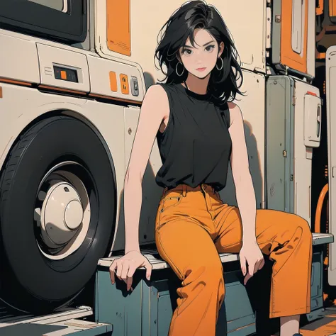 1girl, solo, long hair, looking at viewer, shirt, black hair, sitting, shoes, sleeveless, pants, medium hair, black eyes, black shirt, sleeveless shirt, ground vehicle, yellow pants, orange pants, washing machine