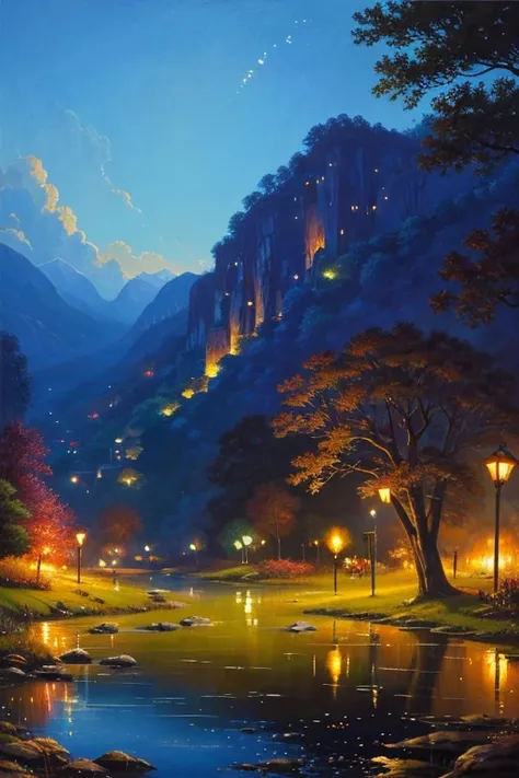 Highest quality、Landscape painting、Scenery of fireflies dancing