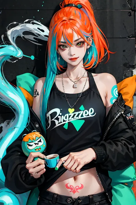 kpop girl with rizz smile face, bad ass, black,neon cyan orange hair, tattoos on hands and neck, piercing, black mixed green striped sweater, cool badass pose, smoke background, colorful smoke background