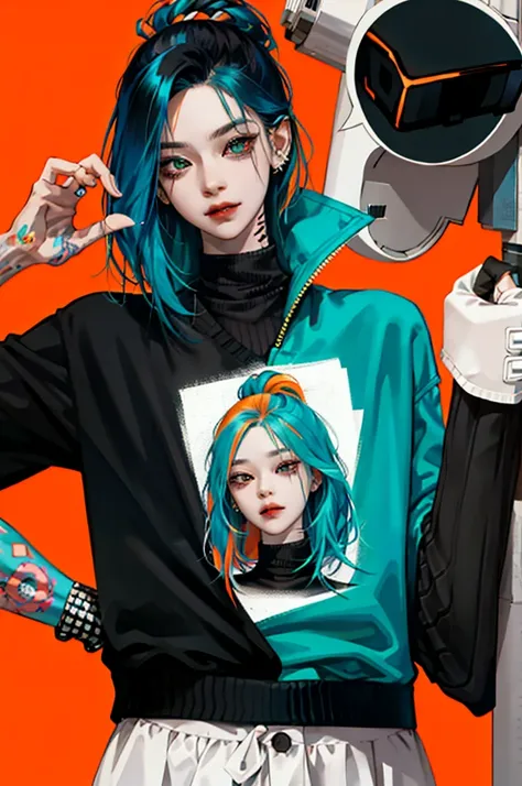 kpop girl with rizz smile face, bad ass, black,neon cyan orange hair, tattoos on hands and neck, piercing, black mixed green striped sweater, cool badass pose, smoke background, colorful smoke background