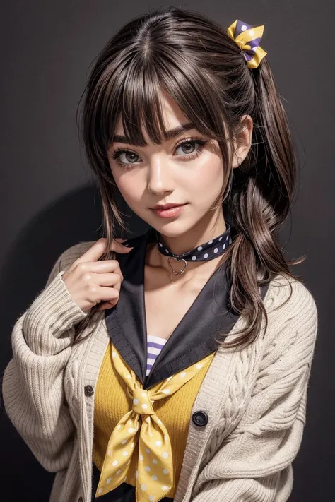 ichigestyle, 1girl, solo, brown hair, heart, hair ornament, , side ponytail, smile, looking at viewer, neckerchief, upper body, heart hair ornament, cardigan, sailor collar, serafuku, black sailor collar, bangs, yellow eyes, closed mouth, long hair, brown ...