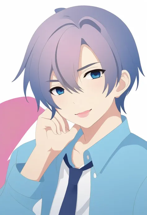 anime boy, pink lips, blue shirt, 18yo, cute handsome boy