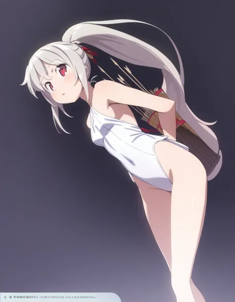 1 girl, shiny backlight, volumy long ponytail, silver hair, red eyes, middle breasts, her hair is fluttering down, white fantasic leotard outfit, white long loincloth,brown belts, long Quiver of Arrows behind back, open legs,open thighs, arched back, sceri...