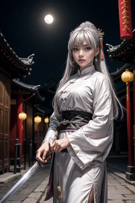 Masterpiece, Best, Night, Full Moon, 1 Female, Mature Woman, Chinese Style, Ancient China, Elder Sister, Royal Sister, Cold Face, Expressionless, Silver White Long Haired Woman, Light Pink Lips, Calm, Intellectual, Three Bangs, Gray Hitomi, Assassin, Long ...