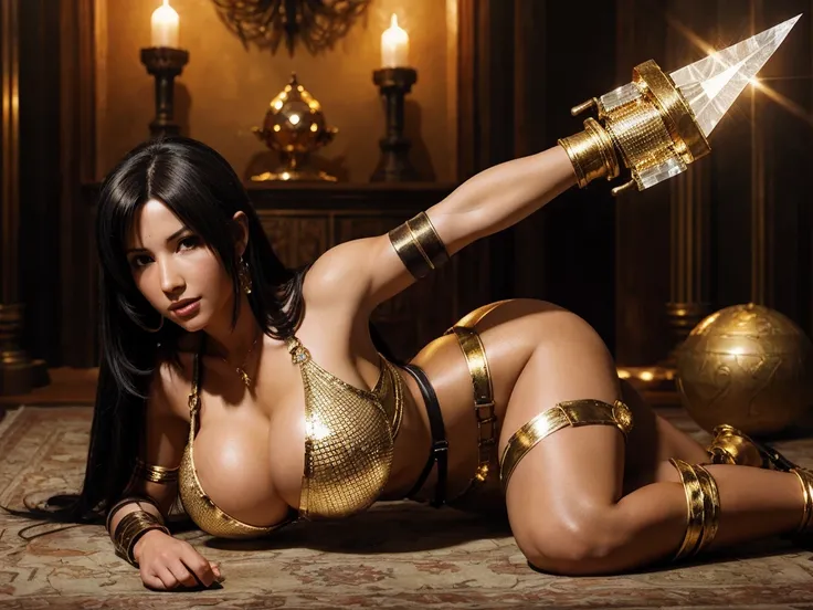 Tifa dressed as a sexy warrior with transparent golden crystal armor and a crystal sword, uncovered body, round ass, big breasts