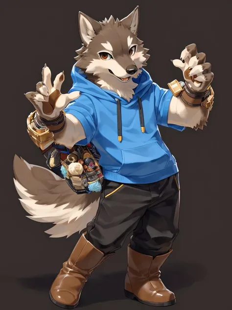 ((Best quality, masterpiece, detailed anatomy, detailed eyes, detailed hands, perfect lighting, perfect shading.)), by Kame3, 1male, Wolf, brown furs, tight body, dark brown eyes, skinny chub body, young body, blue sleeveless hoodie, black pants, brown boo...