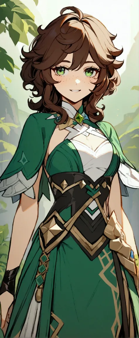 1girl, Gender is girl. Slightly freckled face. brown curly hair. Emerald green eyes. Devilish grin. Design her an hero outfit. Genshin impact style outfit. There is no green color in the outfit. So much detailed. She turned away.