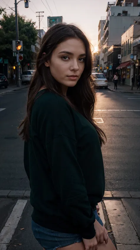 young woman looking at the camera,full lips, green eyes, brunette, black sweatshirt, city, bright sunset