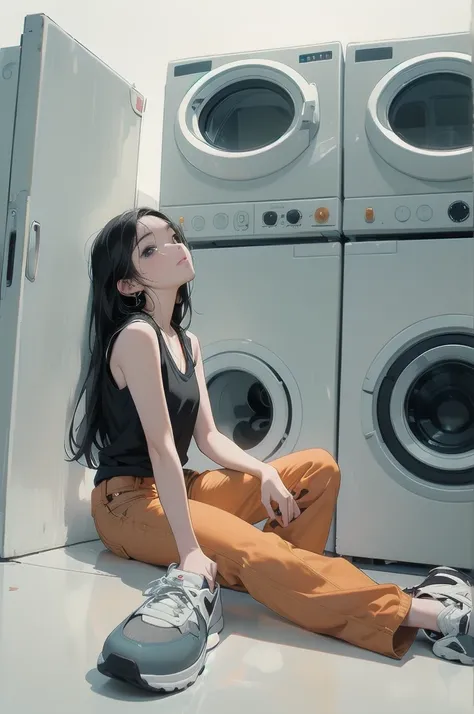 1girl, solo, long hair, looking at viewer, shirt, black hair, sitting, shoes, sleeveless, pants, medium hair, black eyes, black shirt, sleeveless shirt, ground vehicle, yellow pants, orange pants, washing machine