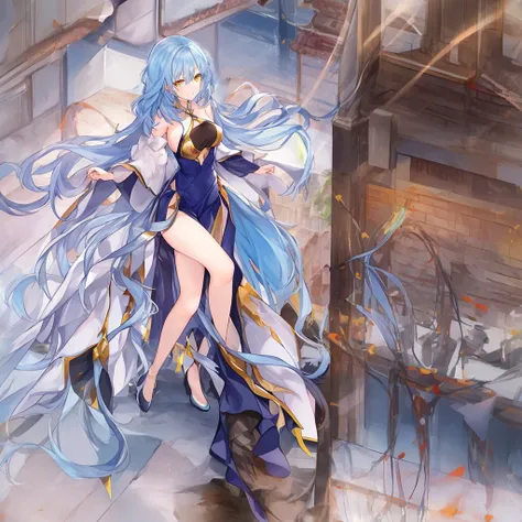 Full length soft picture. 

One girl who stands on the edge of the roof. 
long blue hair, yellow eyes, long slender body. bright skin. 

clothes - black bodycon dresses. 