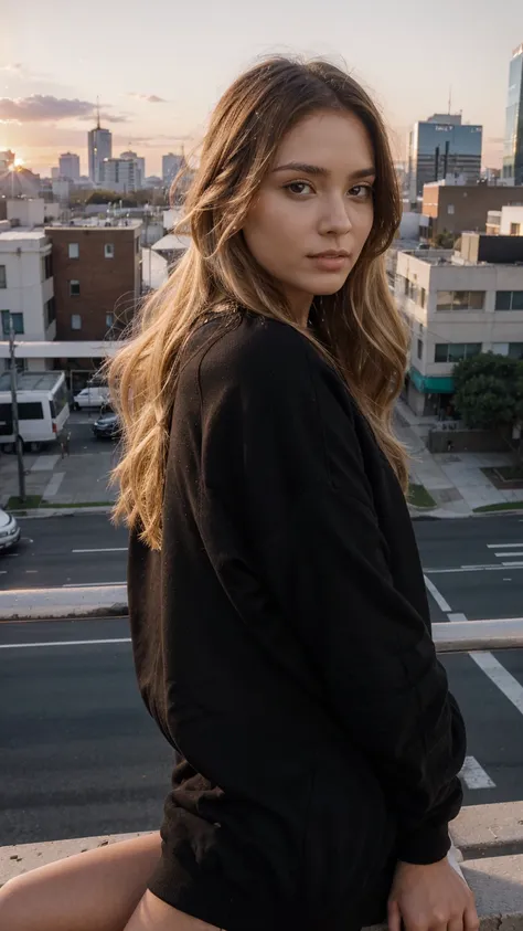 young woman looking at the camera,full lips, brown eyey, blonde, black sweatshirt, city, bright sunset