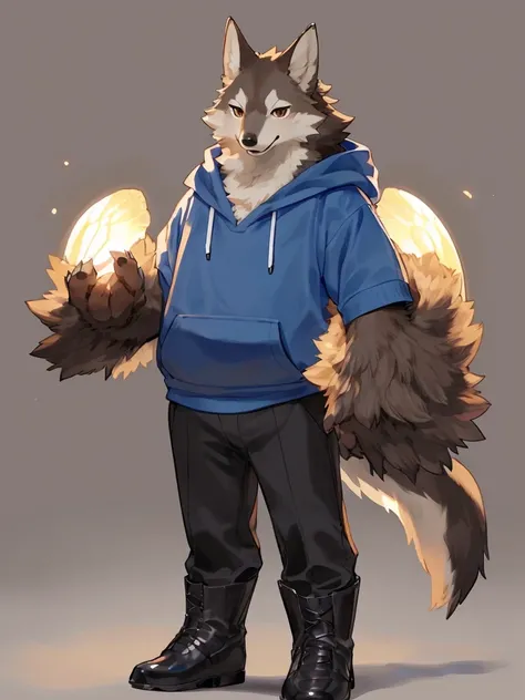 ((Best quality, masterpiece, detailed anatomy, detailed eyes, detailed hands, perfect lighting, perfect shading.)), by Kame3, by Bebebebebe, 1male, Wolf, brown furs, tight body, dark brown eyes, skinny chub body, young body, blue sleeveless hoodie, black p...