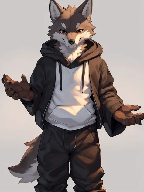 ((Best quality, masterpiece, detailed anatomy, detailed eyes, detailed hands, perfect lighting, perfect shading.)), by Kame3, by Zackary911, 1male, Wolf, brown furs, tight body, dark brown eyes, skinny chub body, young body, blue sleeveless hoodie, black p...