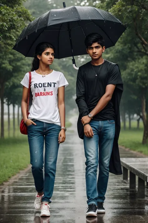 
realistic indian 16 year old cute boy holding broken heart with back side 16 years old girl standing bench, black umbrella  raining a street, the boy is wearing black t shirt written bold name "Abdullah"and girl wearing red saree and jeans  , phone, girl ...