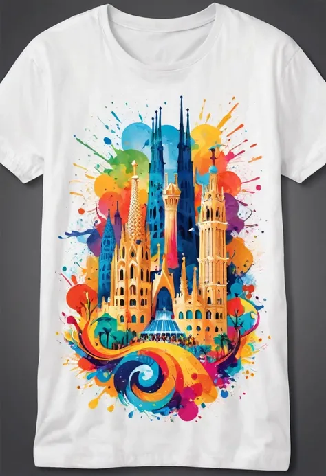 a t-shirt with vector art of a colorful illustration with the city of barcelona , at the center, swirly vibrant colors, paint sp...