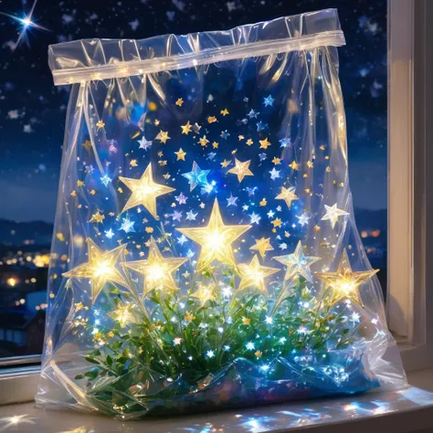 (masterpiece, best quality:1.2),Windowsill，Stars in a plastic bag，Luminescence
