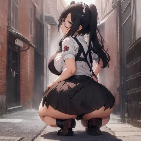 Anime girl in a skirt kneeling in an alleyway, Beautiful anime girl crouching, Anime girl crouching, Gwaiz, Enchanting anime girl, , Kantai Collection Style, Anime Maid SS Military, chic, artwork in the style of Gwaiz, Gwaiz on artstation pixiv, Gwaiz mast...