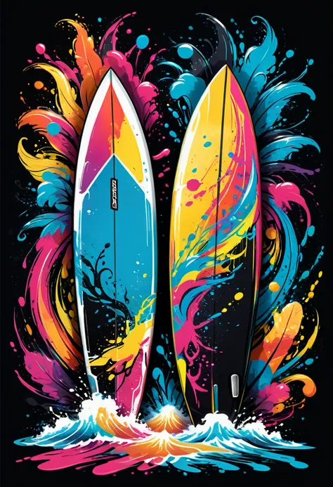 a black t-shirt with vector art of a colorful illustration with two surfboards on top of each other crossed, at the center, swir...