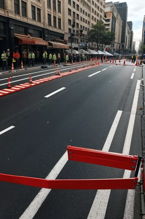 There is a huge barricade in the middle of the road and people are working around it